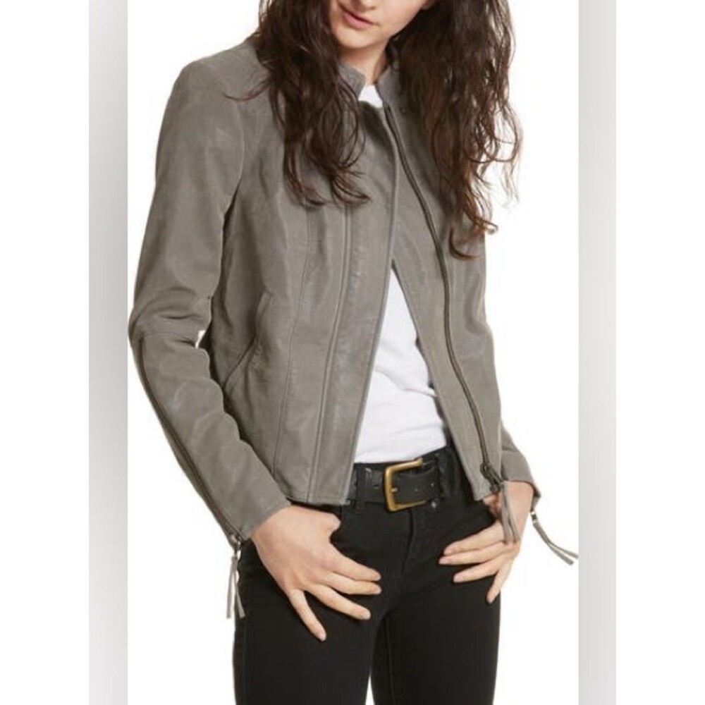 Free People Gray Faux Leather Moto Jacket Sz 12 Contemporary